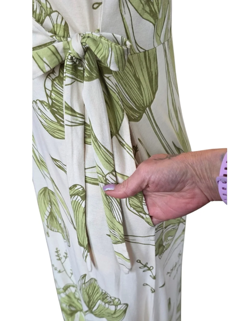 Organic Cotton Faux Wrap Dress Womens Size L Green Floral Midi Short Sleeve - Picture 7 of 9